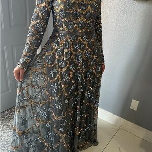 Mac Duggal Black and Gold Embroidered Long Sleeve Dress